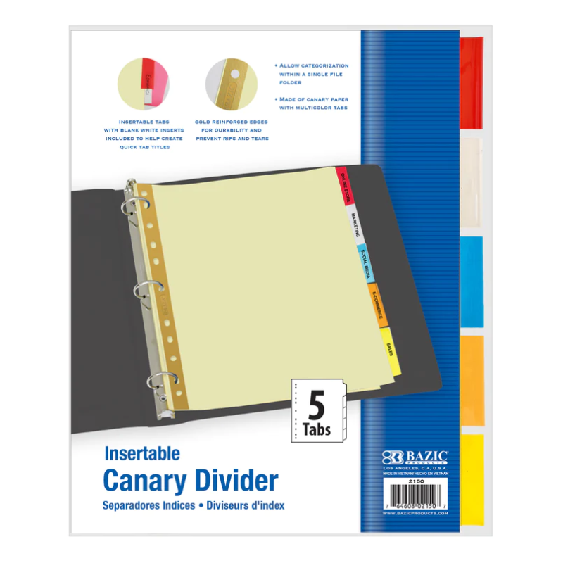 BAZIC Canary Paper Dividers with 5 Insertable Colour Tabs