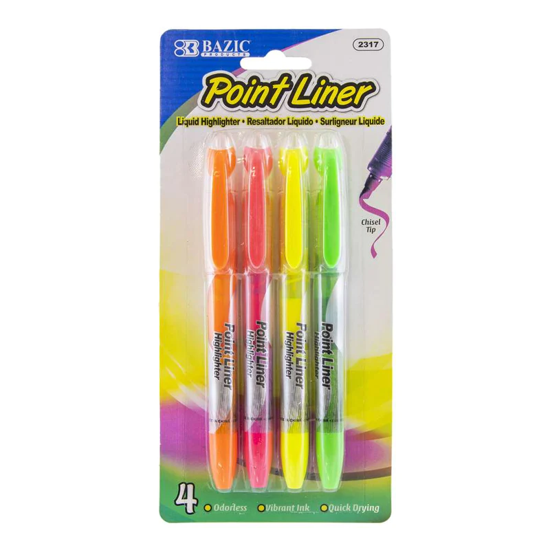 BAZIC Liquid Pen Style Fluorescent Highlighter (4/Pack)