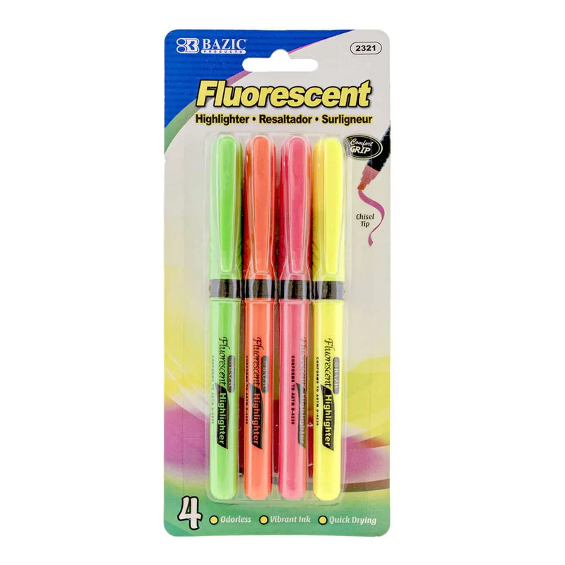 BAZIC Pen Style Fluorescent Highlighter with Cushion Grip (4/Pack)