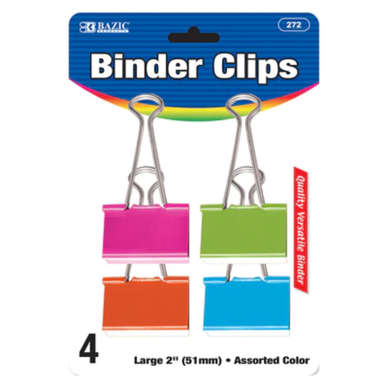 BAZIC Large 2" (51mm) Assorted Colour Binder Clip (4/Pack)