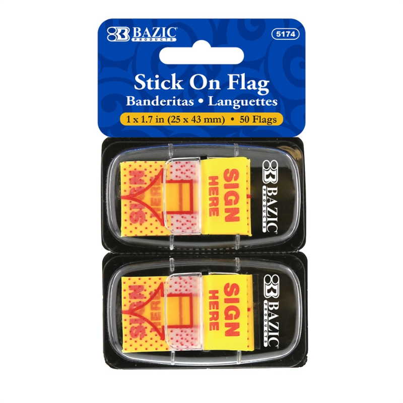 BAZIC 25 Ct. 1" x 1.7" Yellow SIGN HERE Flags w/ Dispenser (2/Pack)