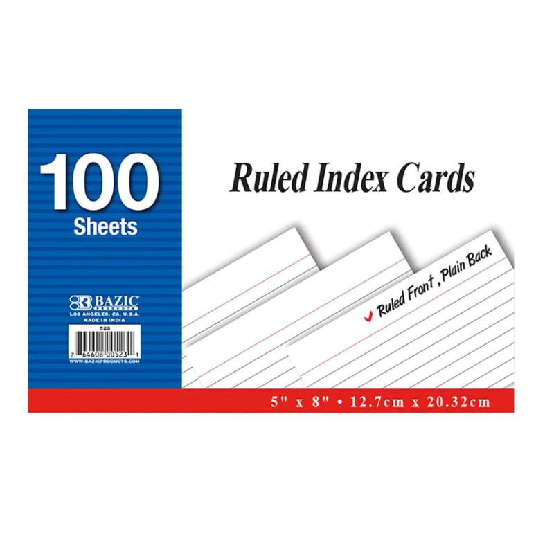 BAZIC 5" x 8" Ruled White Index Card (100 Sheets)