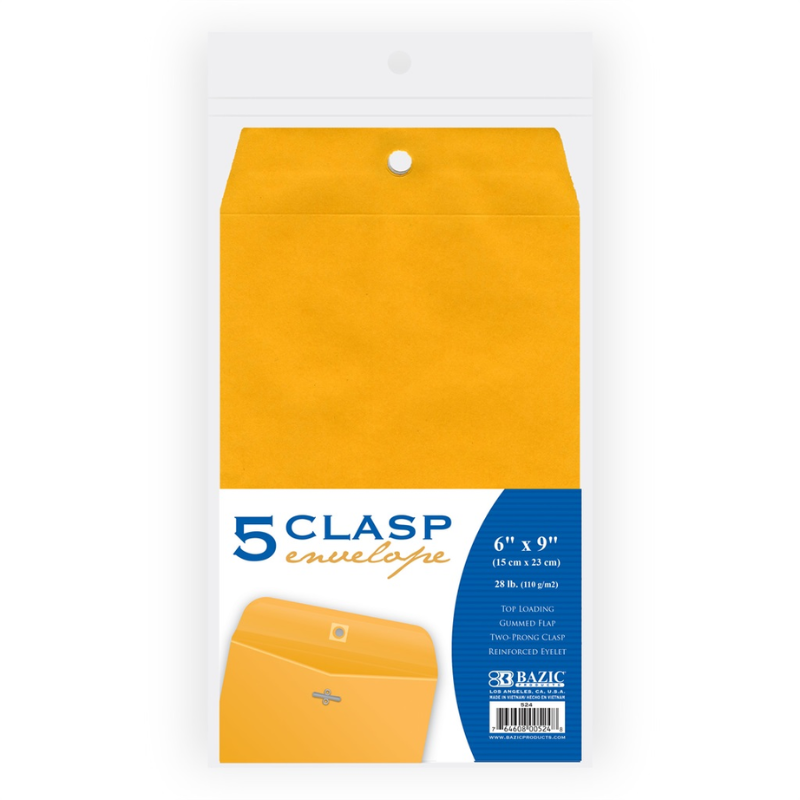 BAZIC 6" x 9" Clasp Envelope (5/Pack)