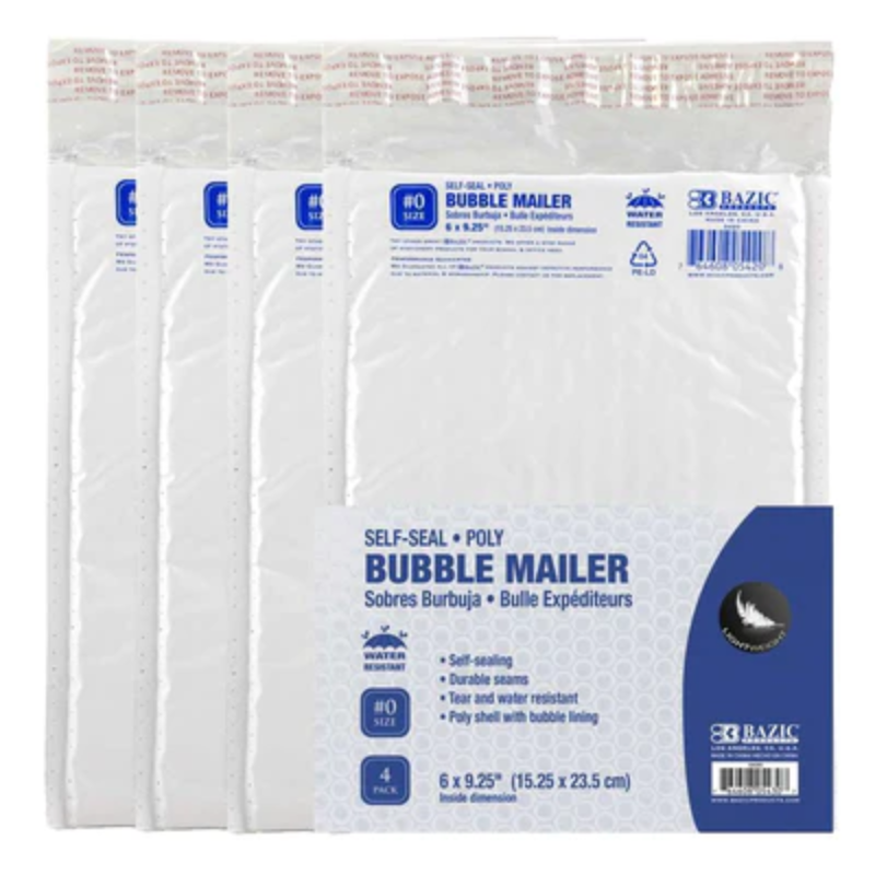 BAZIC 6" x 9.25" (#0) Poly Bubble Mailer (4/Pack)