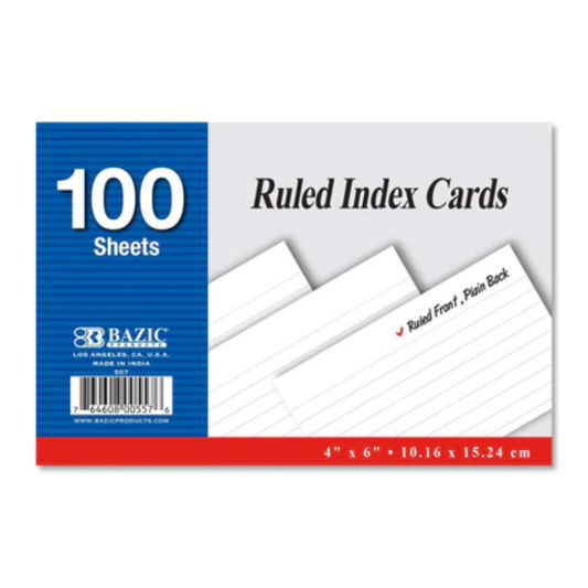 BAZIC 4" x 6" Ruled White Index Card (100 Sheets)