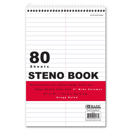 BAZIC Gregg 6" x 9" Ruled Steno Pad Book with White Paper (80 Sheets)