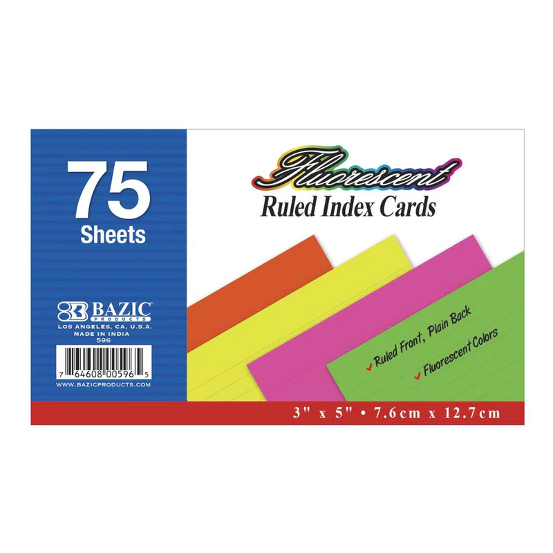 BAZIC 3" x 5" Ruled Fluorescent Coloured Index Card (75 Sheets)