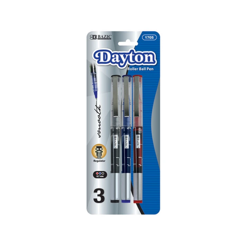 BAZIC Dayton Assorted Color Rollerball Pen w/ Metal Clip (3/Pk)