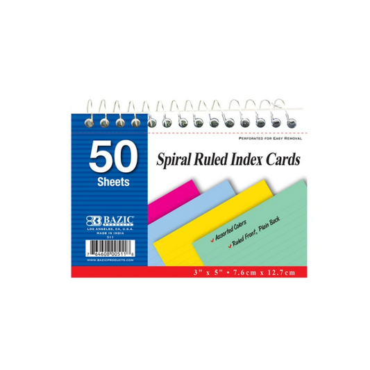 BAZIC 3" x 5" Spiral Bound Ruled Coloured Index Card (50 Sheets)