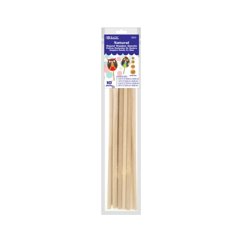 BAZIC Natural Round Wooden Dowel - Assorted Sized (10/Bag)