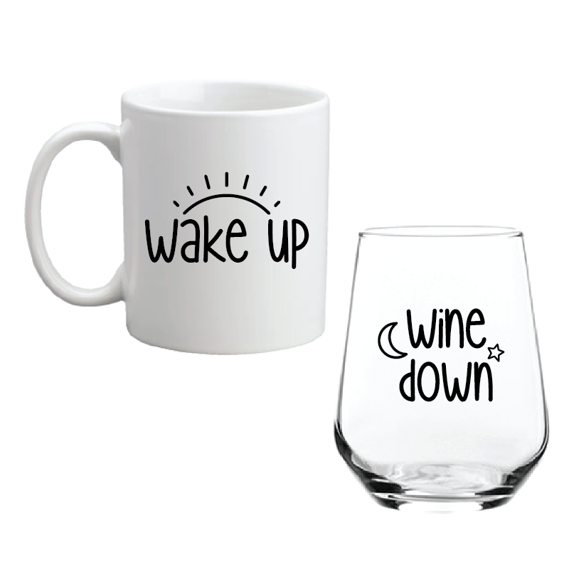 14.25oz Allegra Stemless Wine Glass and C-Handle Coffee Mug Set - Wake Up & Wine Down