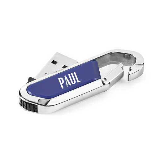 Personalised 32GB Retractable USB Flash Drive with Carabiner Clip - Blue