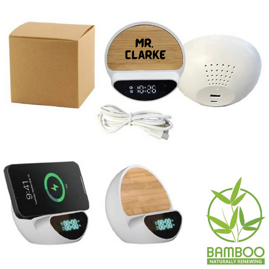 Personalised Bamboo Desk Wireless Charger & Clock
