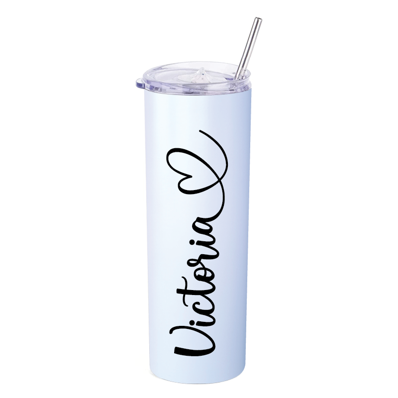 Personalised 20oz Skinny Thermo Tumbler with Stainless Steel Straw - White