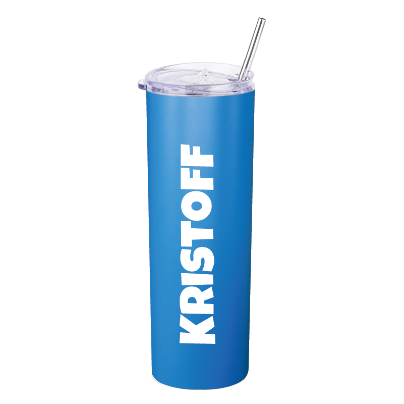 Personalised 20oz Skinny Thermo Tumbler with Stainless Steel Straw - Blue