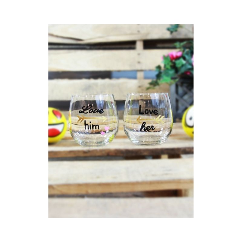Tipsy - Stemless Wine Glasses Couples Set - Love Him, Love Her