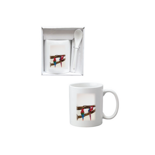 Ysharda Clement – Ceramic Mug & Spoon – Red Parrots