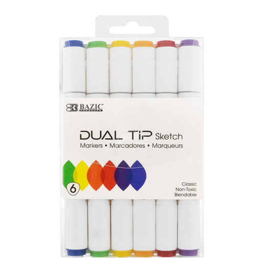 BAZIC Dual Tip Alcohol-Based Markers (6/Pack) - Primary