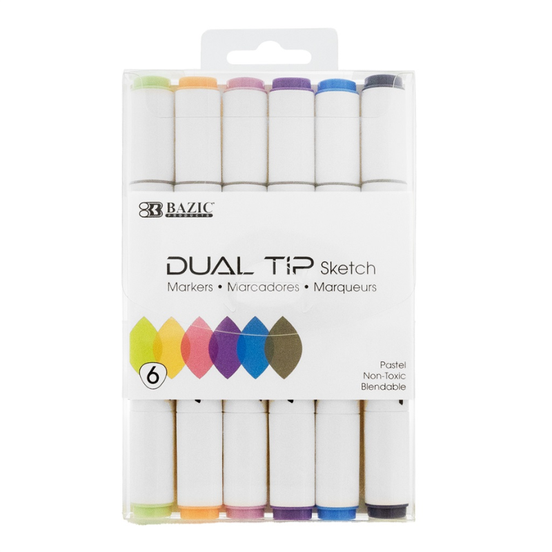 BAZIC Dual Tip Alcohol-Based Markers (6/Pack) - Pastel