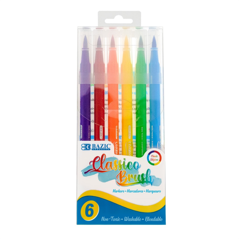 BAZIC Fine Tip Washable Brush Markers (6/Pack) - Classic
