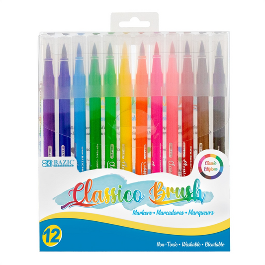 BAZIC Fine Tip Washable Brush Markers (12/Pack)