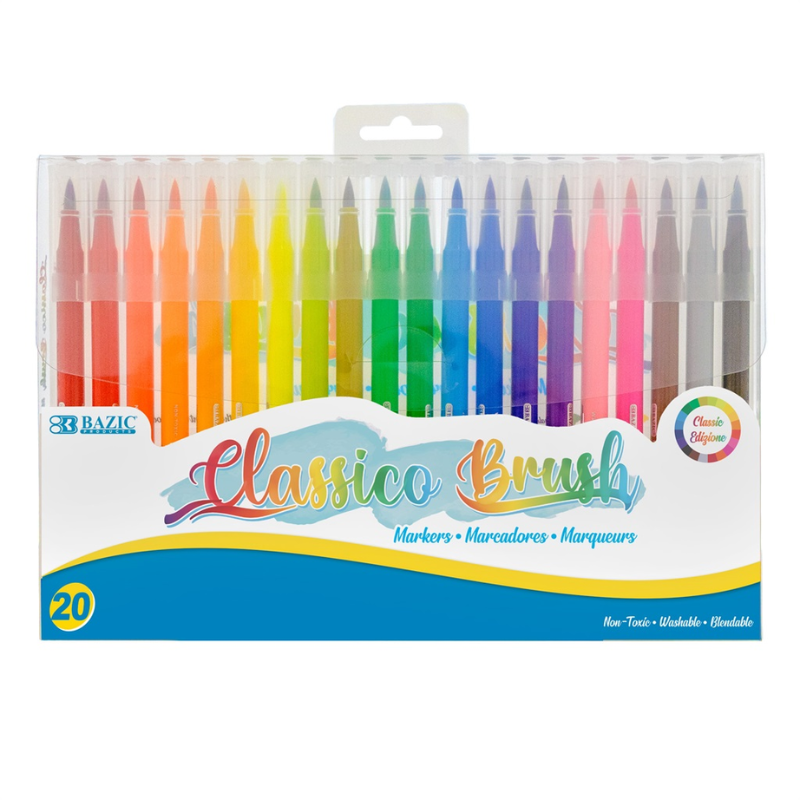 BAZIC Fine Tip Washable Brush Markers (20/Pack)